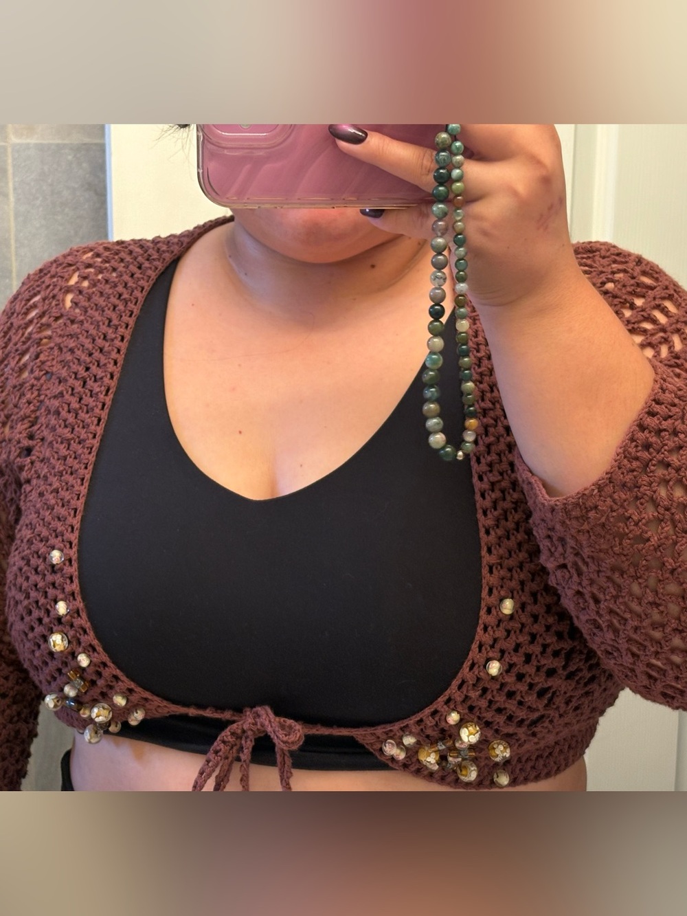Crochet Knit Bolero with Beaded Embellishments - Brown